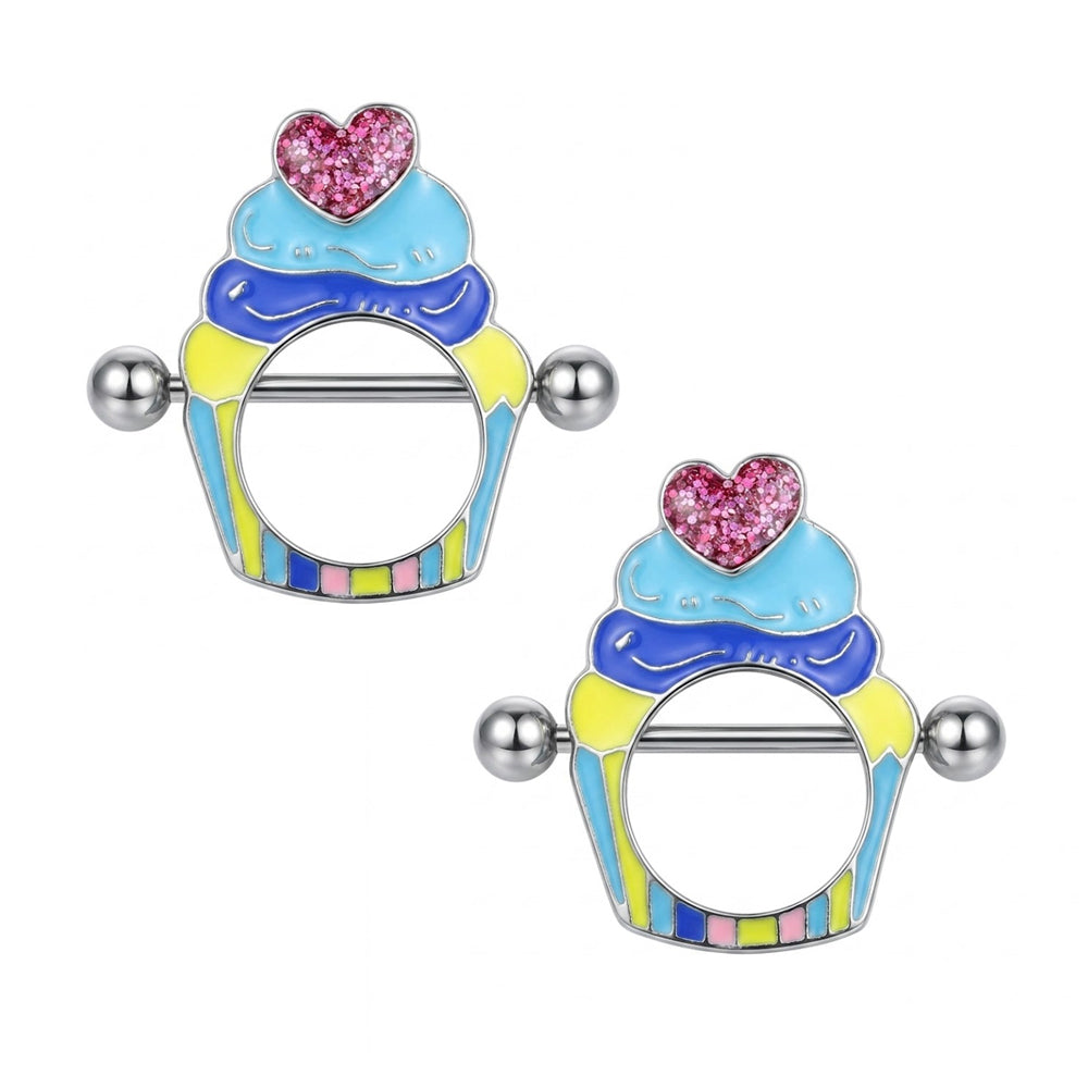 A pair of cute cupcake nipple rings made of ASTM F136 titanium barbells, showcasing the full body jewelry set for European and American alternative fashion styles.