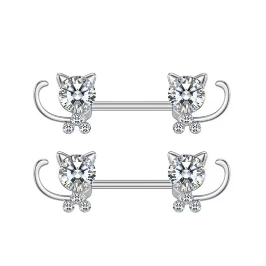 A set of two sparkling kitten nipple barbells with brilliant rhinestones for a Y2K look.