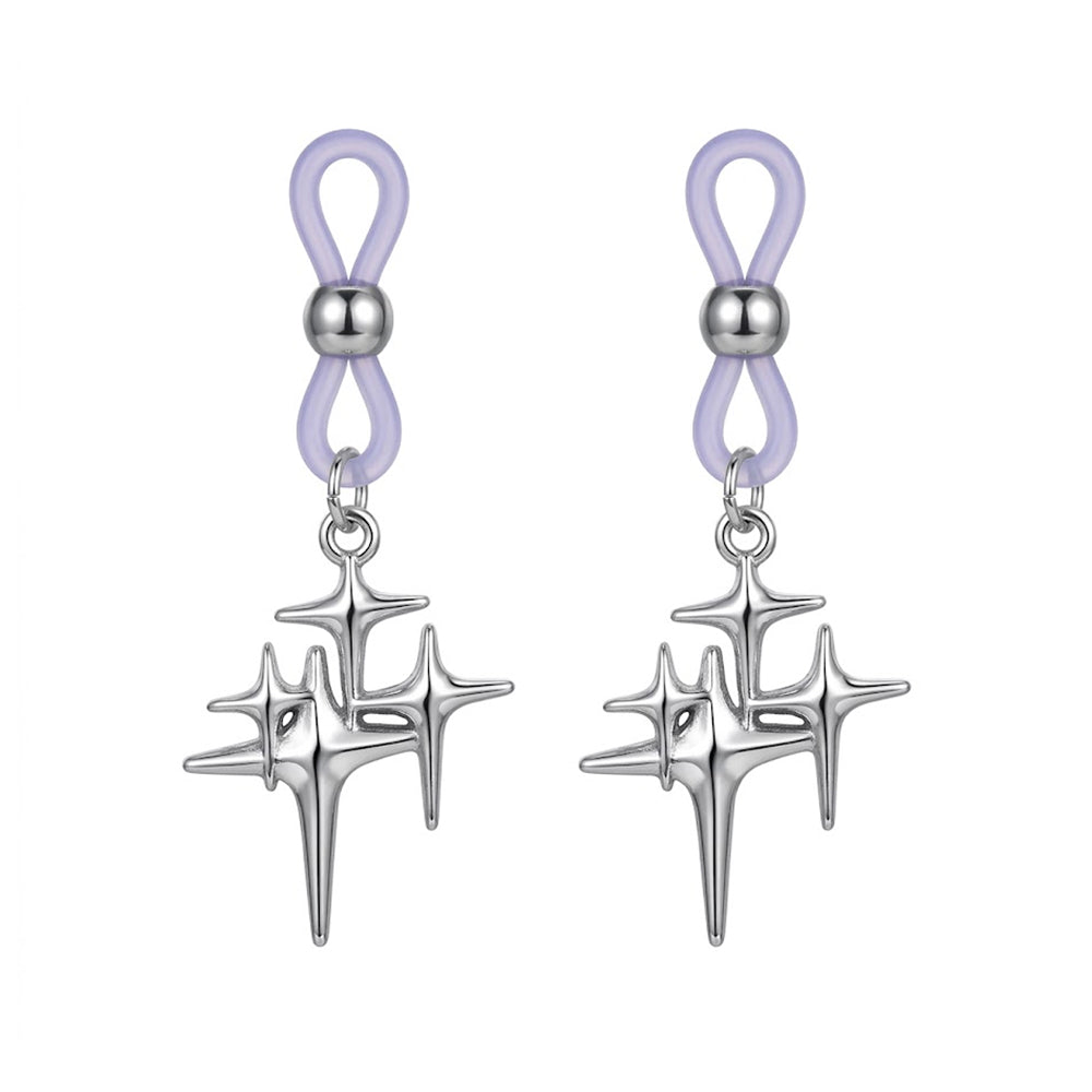 A pair of matching non-piercing nipple rings side-by-side, showcasing the adjustable light purple silicone noose and the liquid-metal style gothic multi-pointed star pendants sold as a pair.