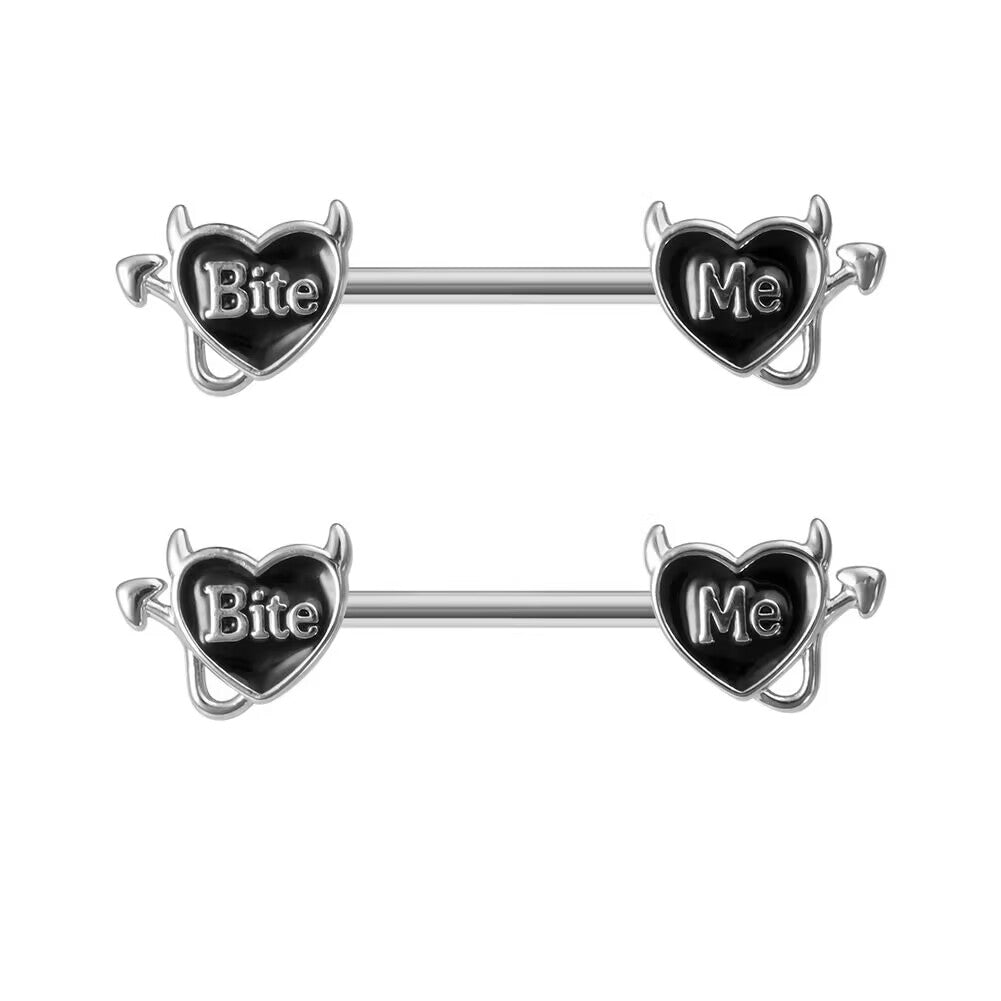 Pair of 2 matching Devil Heart Bite Me nipple barbells for standard nipple piercings