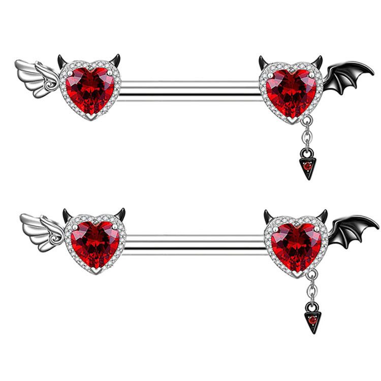 Two identical red heart devil nipple barbells showing the symmetrical wing and tail design.