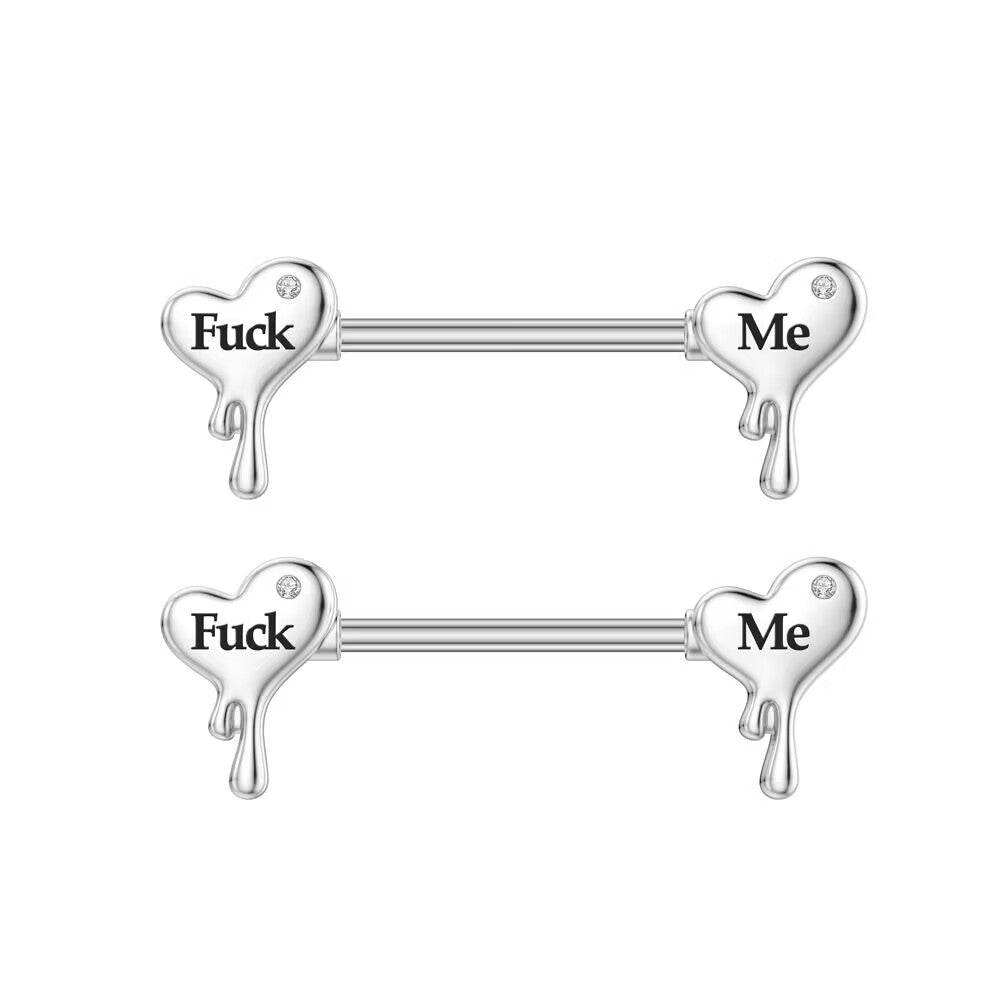 A matching pair of silver dripping heart nipple barbells with engraved text.
