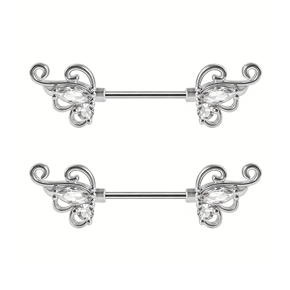 A pair of matching ornate crystal nipple barbells on a clean white background.