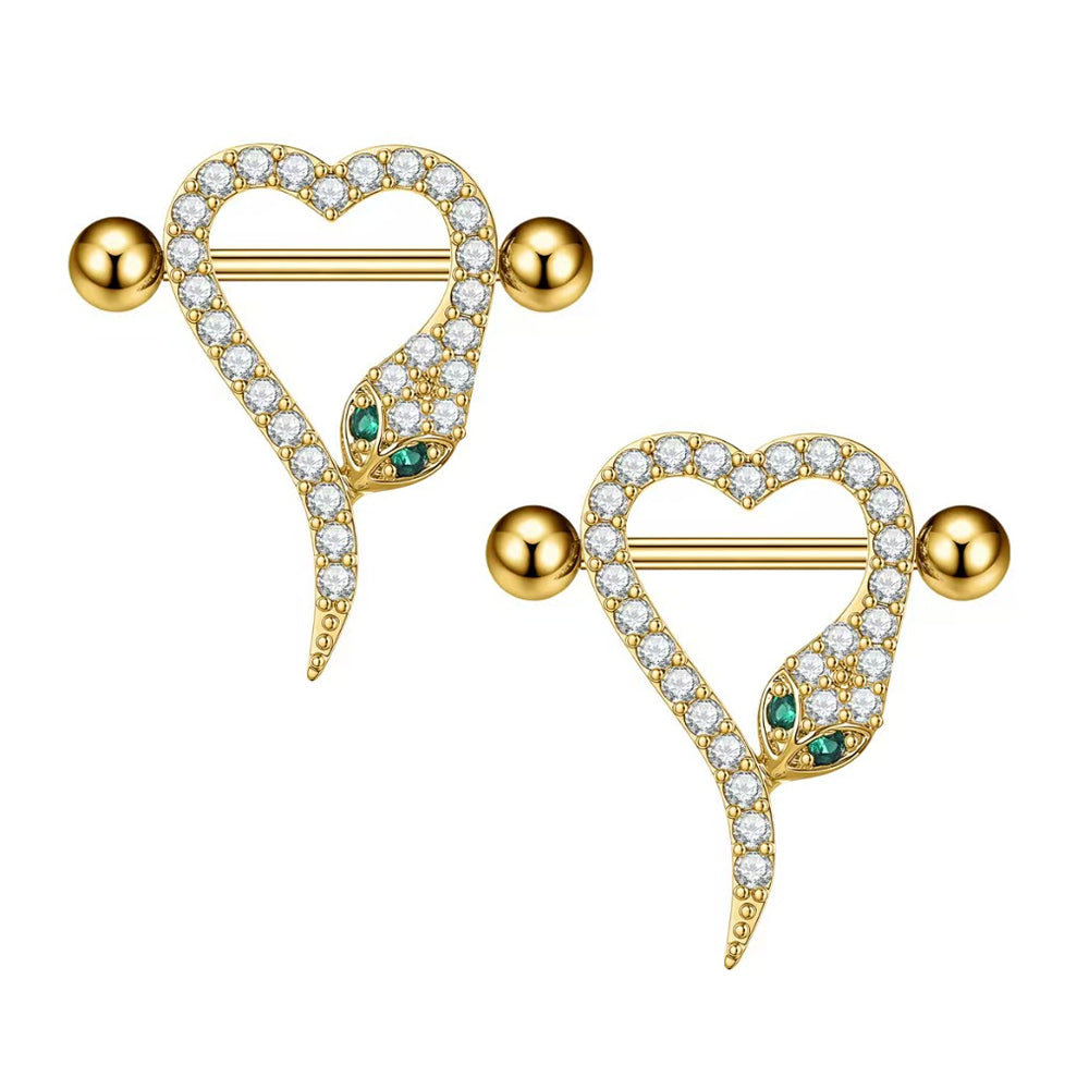 A pair of luxurious gold heart and snake nipple shields for body jewelry collection