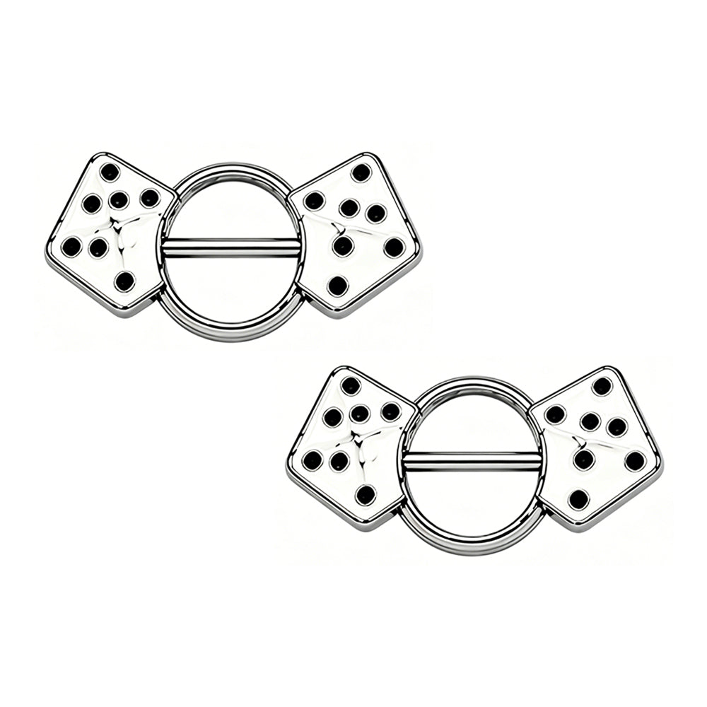 A pair of gothic style dice nipple barbells for body piercing.