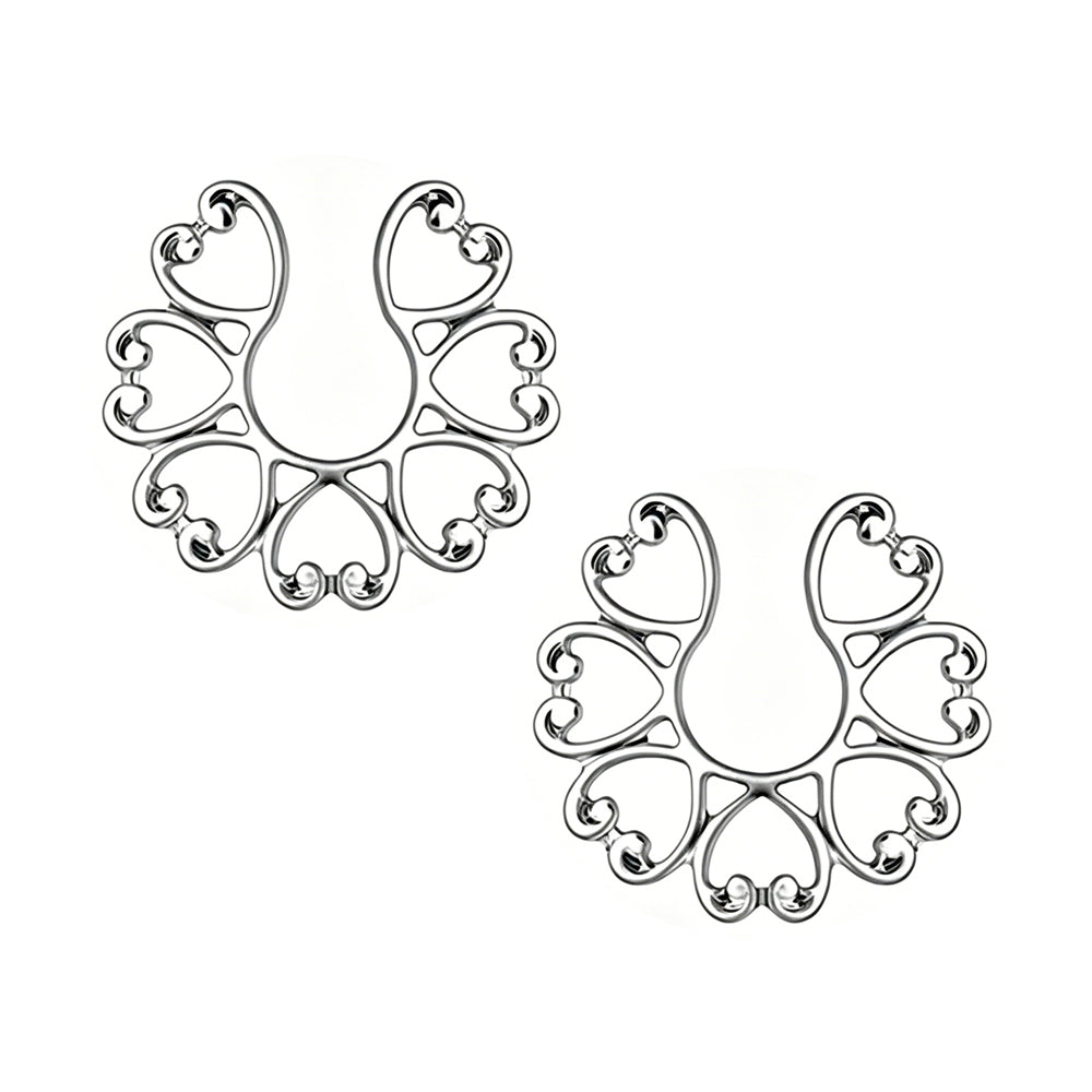 A pair of silver gothic style clip-on non-pierced nipple shields sold as a set for styling.