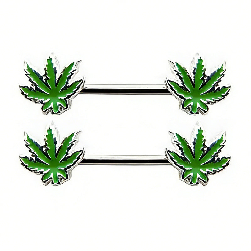 A matching pair of vibrant green leaf nipple rings, perfect for a complete body piercing look.