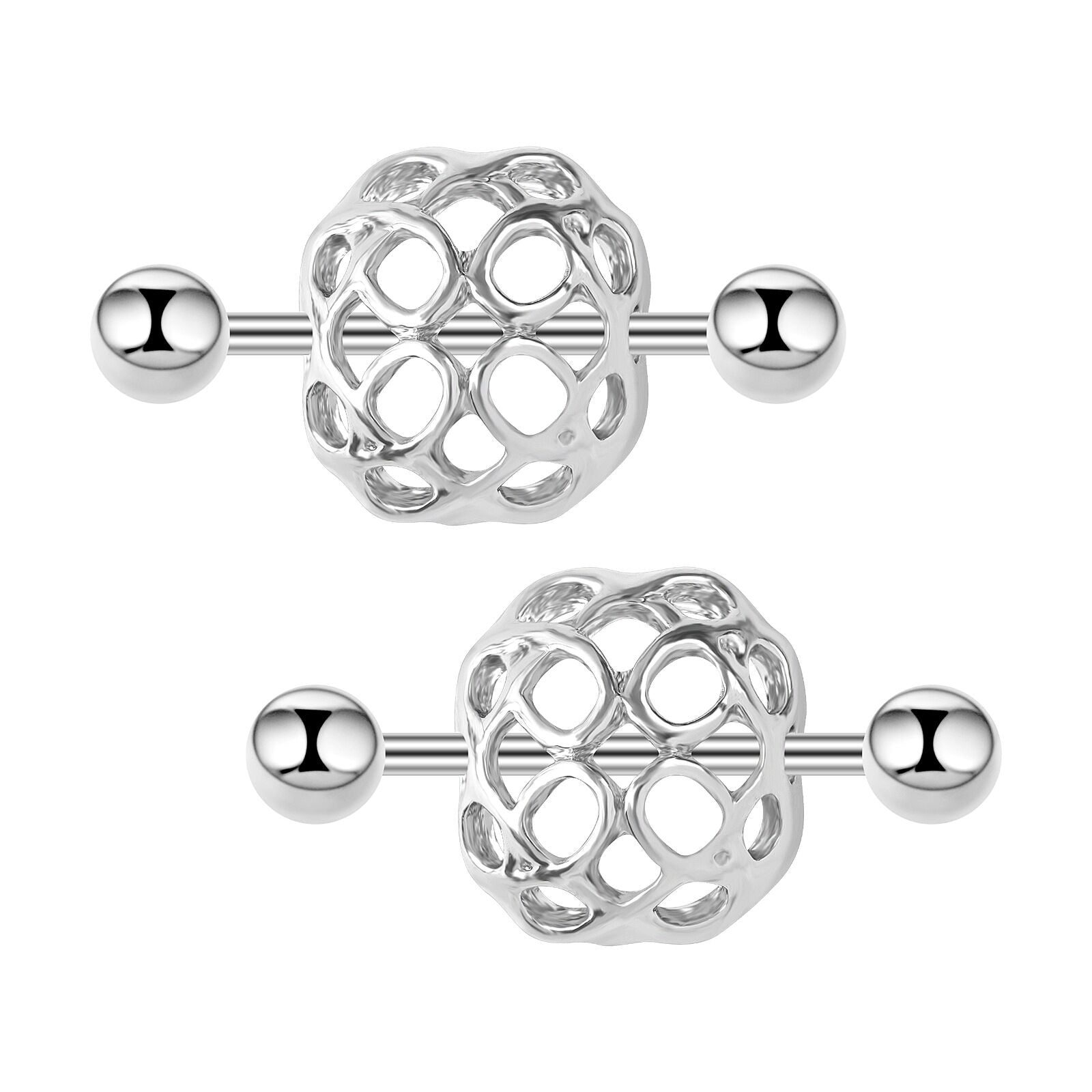 A pair of silver-tone hollow cage nipple shields with straight barbells.