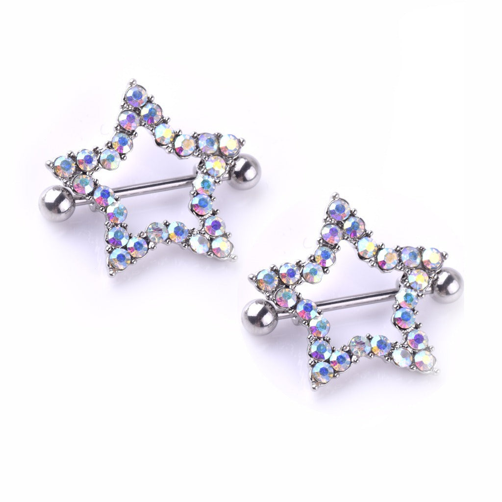 A pair of star-shaped nipple shield barbells with rainbow AB rhinestones on a clean white background.