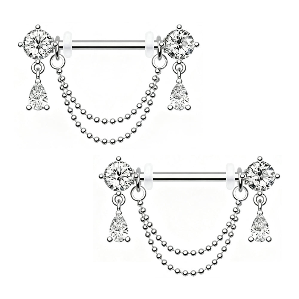 Matching pair of 14G stainless steel dangle nipple barbells with CZ accents on white background