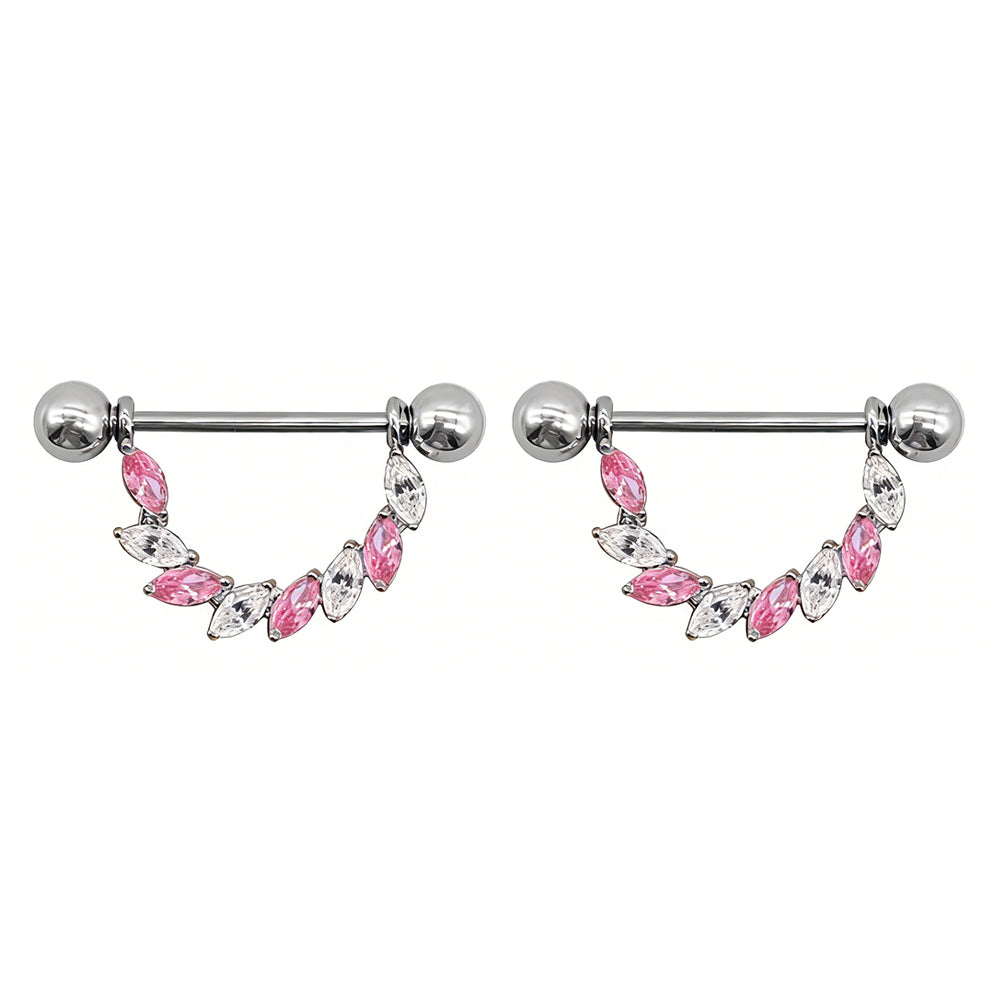 A pair of nipple barbells with skin-friendly F136 Titanium bars and sparkling accents.