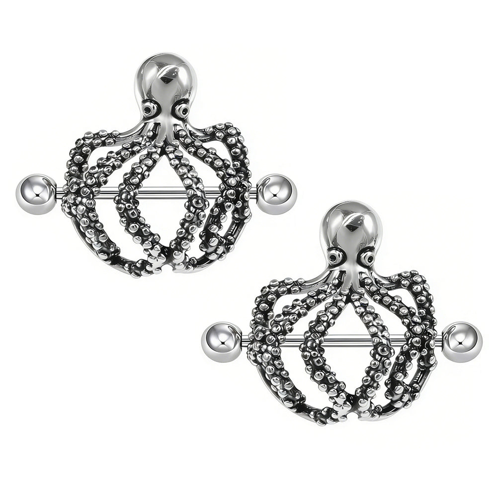 A pair of gothic octopus tentacle nipple shields for alternative body piercing jewelry.