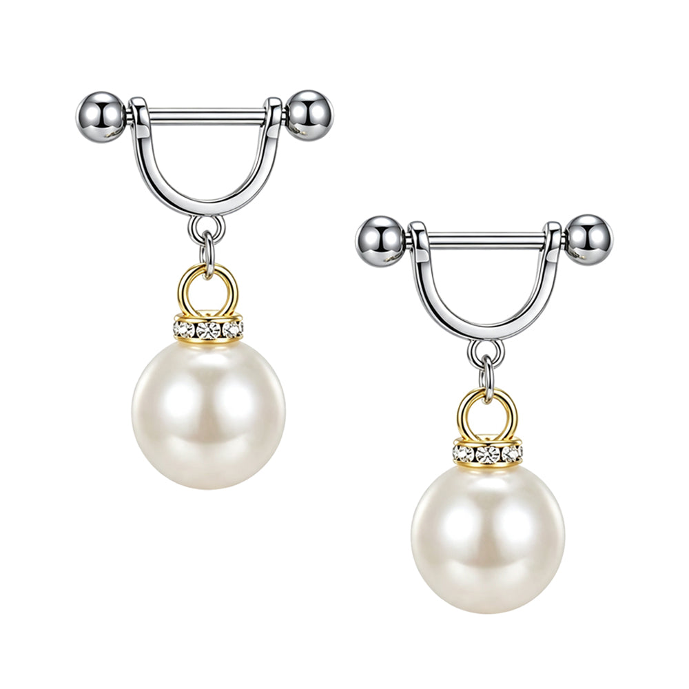 Matching pair of pearl dangle nipple shield rings with gold accents and sparkling cubic zirconia for nipple piercings.
