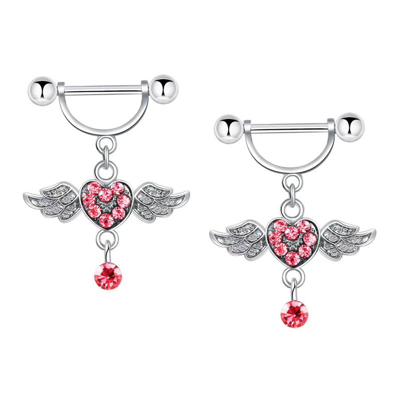 A pair of matching pink heart angel wings dangle nipple rings set of 2 for body piercing.