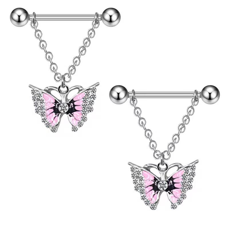 A pair of matching 14G pink butterfly dangle nipple bars with chain dangles and barbell ends.
