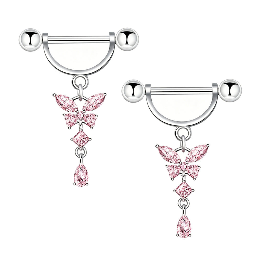 A pair of romantic pink cubic zirconia butterfly dangle nipple shield piercing jewelry sold as a set.
