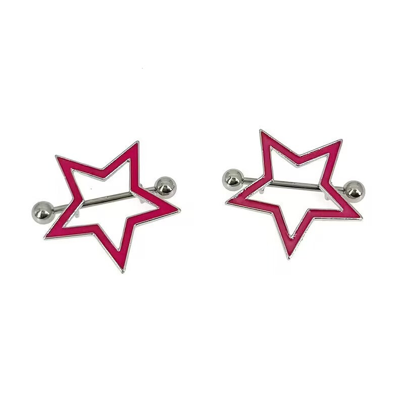 A pair of hot pink enamel pentagram nipple bars on a white background.