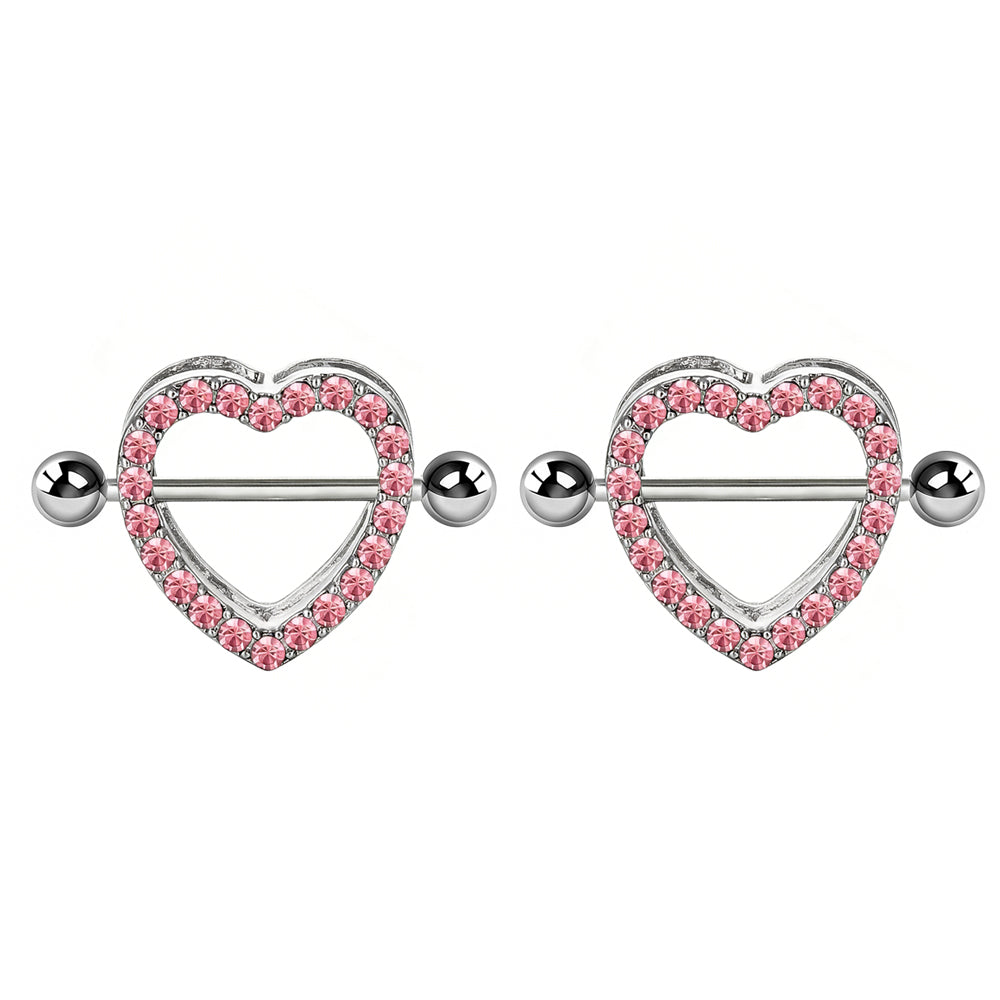 A matching pair of pink crystal heart nipple shield barbells for symmetrical body piercing.