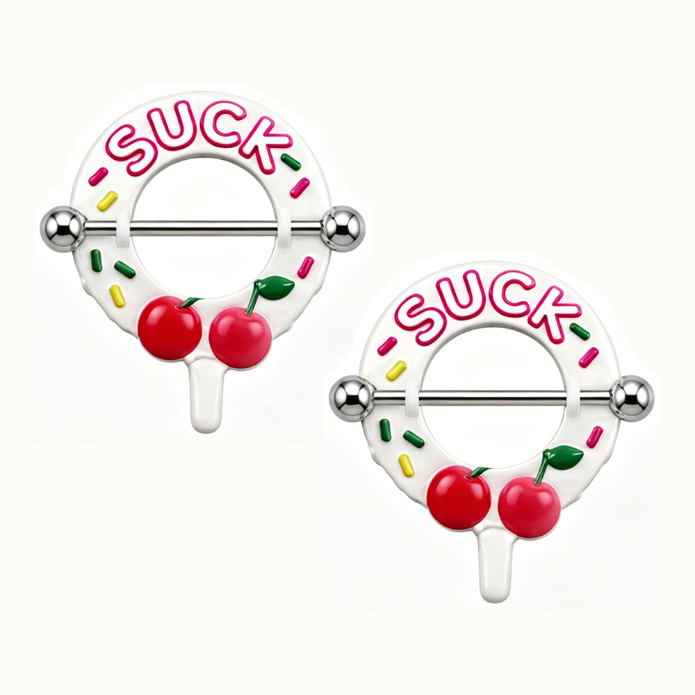 A pair of matching colorful lollipop nipple rings for women.