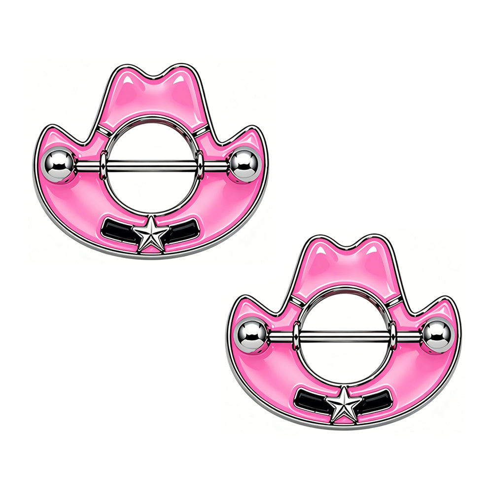 A pair of Western style pink enamel cowboy hat nipple shields for body piercing.