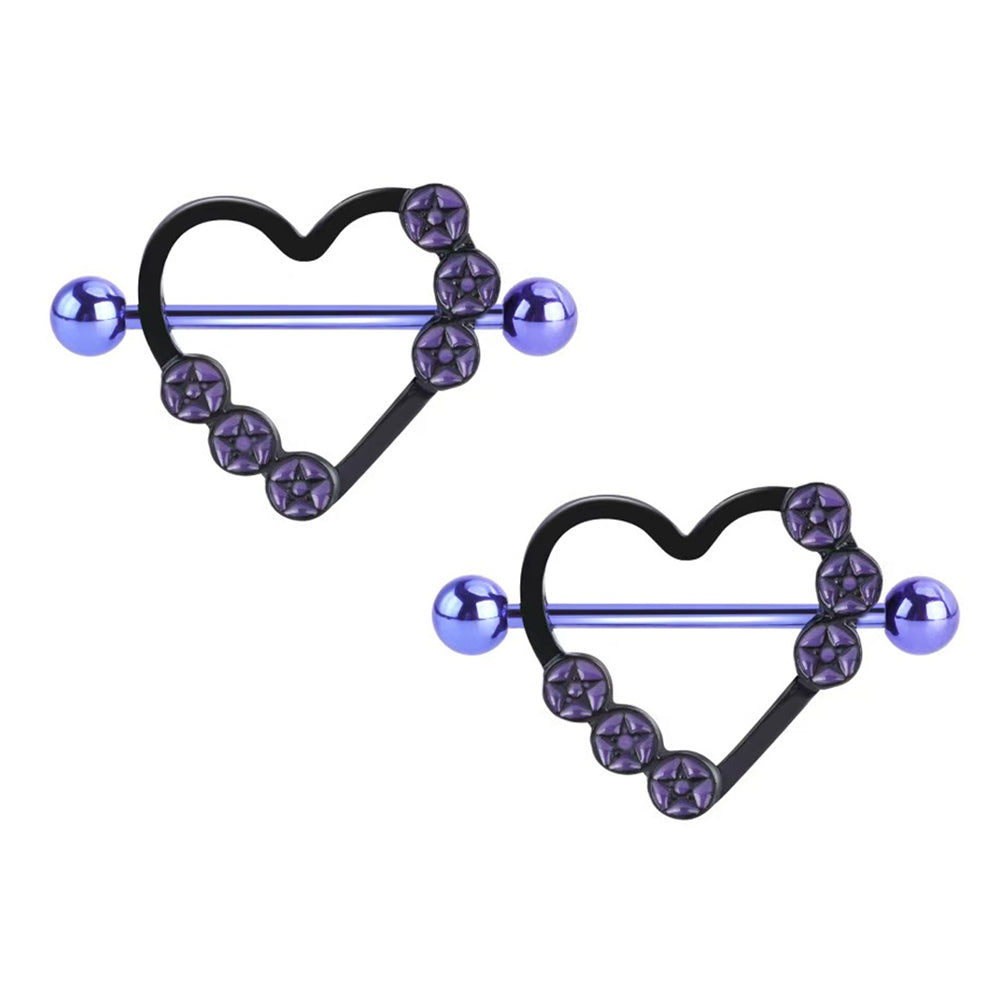 A pair of matching purple star heart nipple shields for alternative fashion