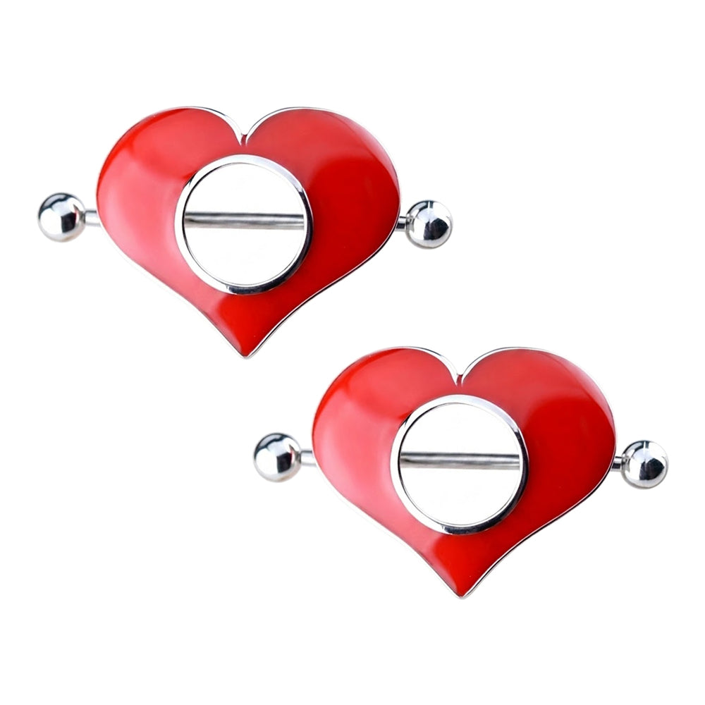 A complete pair of non-adjustable red enamel heart nipple rings with silver barbell studs, arranged symmetrically on a white background for Shopify retail.