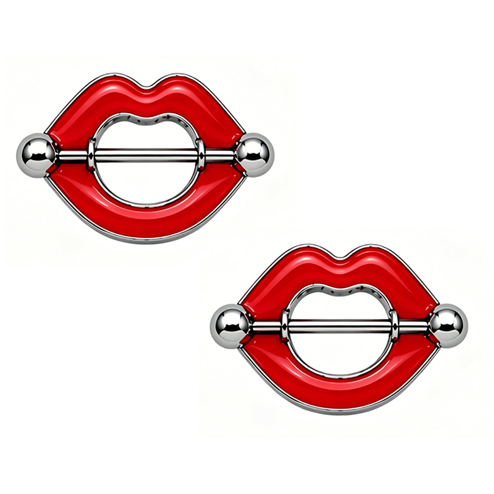 A pair of sexy red mouth shaped nipple rings for alternative body piercing.