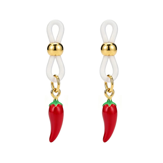 A pair of adjustable fake nipple clamps featuring vibrant red chili charms and skin-safe white silicone loops, isolated on a white background for Shopify product display.