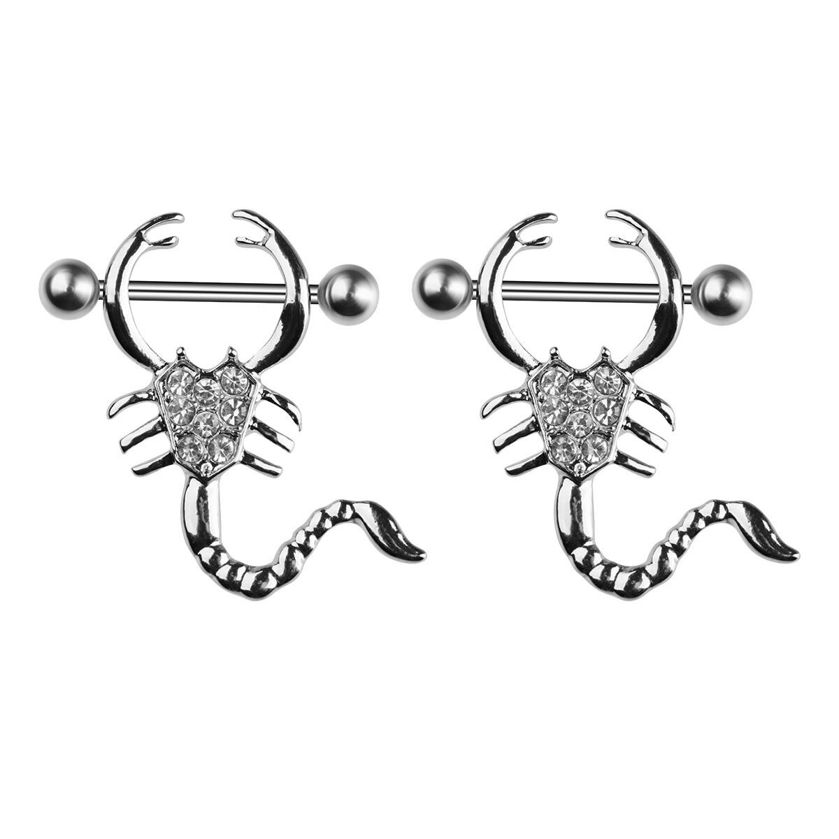 A pair of matching scorpion heart nipple barbells for body piercing.