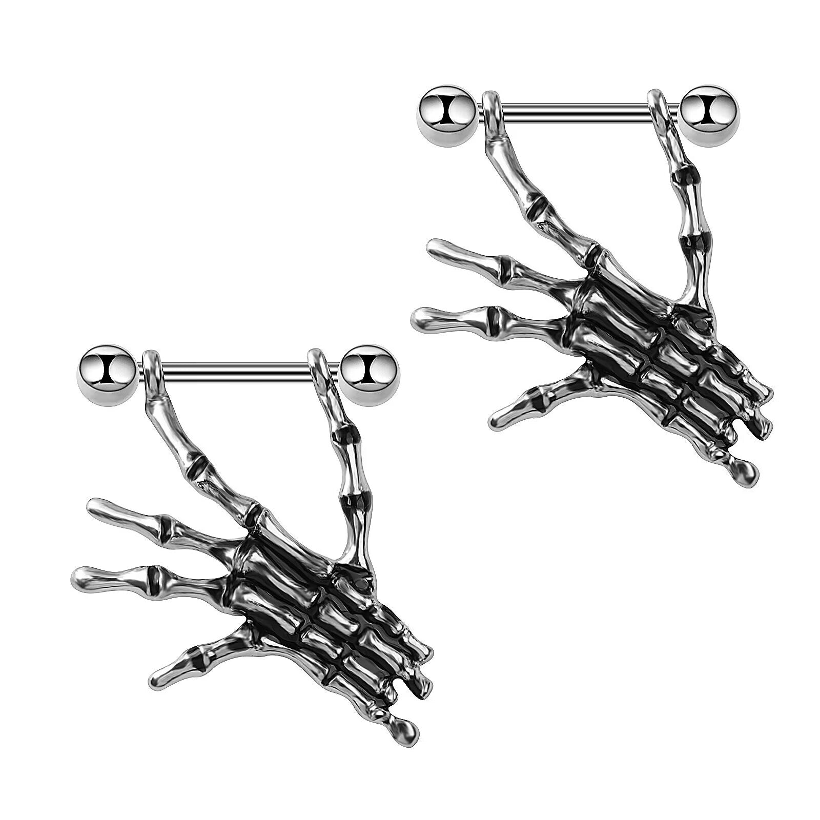 A pair of matching silver skeleton hand nipple shield barbells for body jewelry.