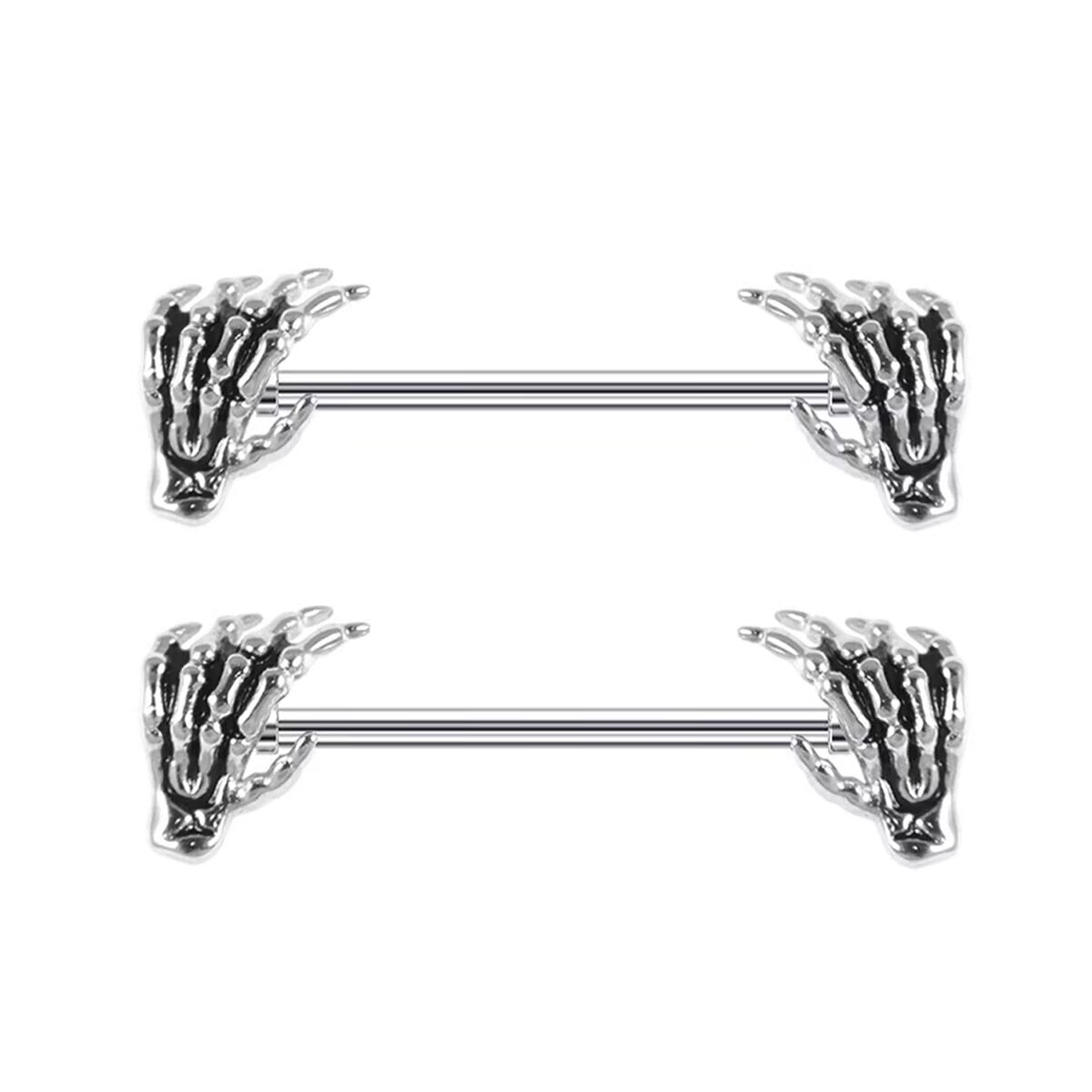 A matching pair of punk style skeleton hand nipple rings for body piercing.