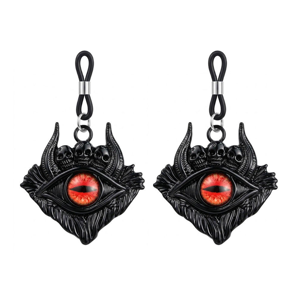 A pair of adjustable gothic body jewelry loops with demon eye and skull motifs for alternative fashion.
