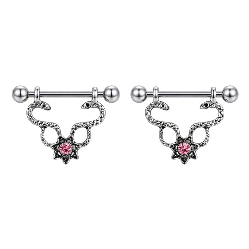 A matching pair of twin snake nipple shields with pink crystal accents, professionally isolated on a clean white background.