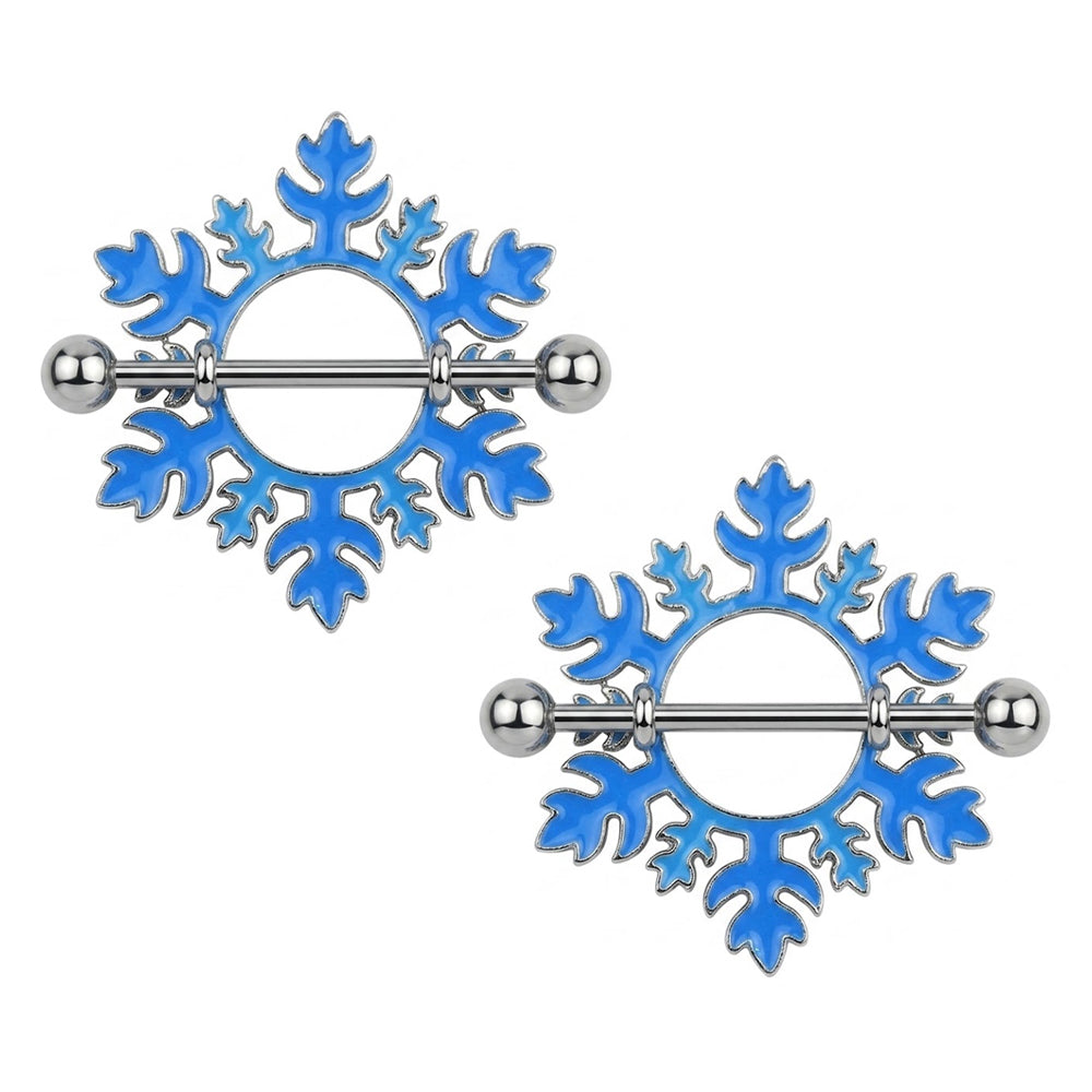 A pair of icy blue snowflake nipple shields, festive winter-themed body piercing jewelry.
