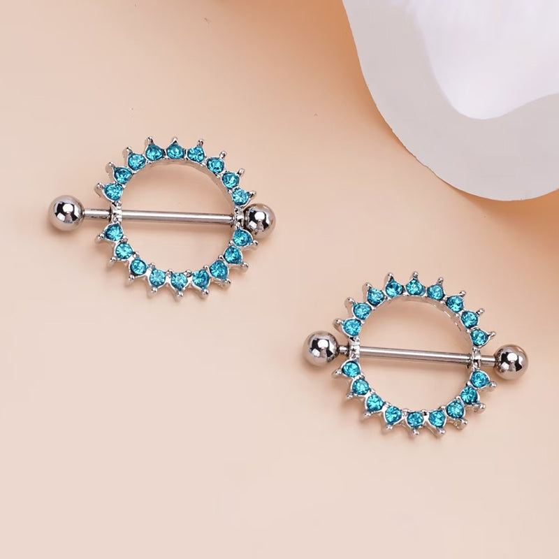 14g Internally Threaded F136 Titanium Straight Barbell Dazzling Blue Crystal Sunburst Nipple Shield Piercing Jewelry