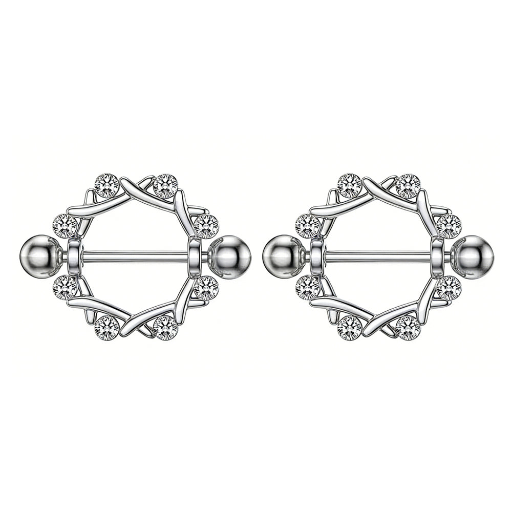 A matching pair of brilliant-cut crystal nipple rings displayed on a clean white background.