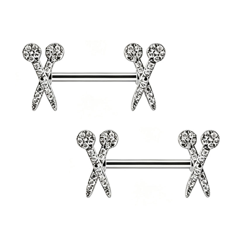 A pair of silver tone CZ paved scissors nipple rings set 14g bar length 15mm