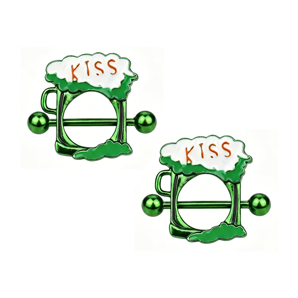 A pair of festive green beer mug nipple jewelry for holiday body piercing enthusiasts.