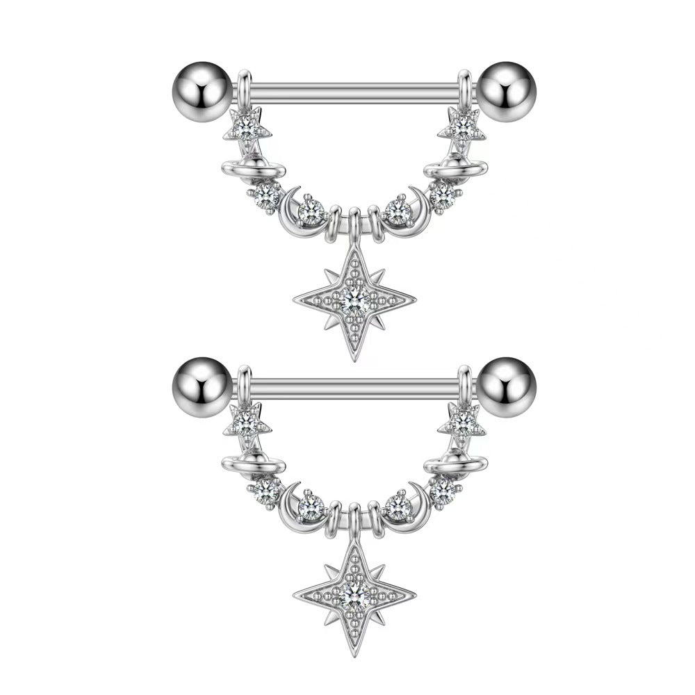 A matching pair of elegant star and moon dangle nipple piercing rings for a complete set look.