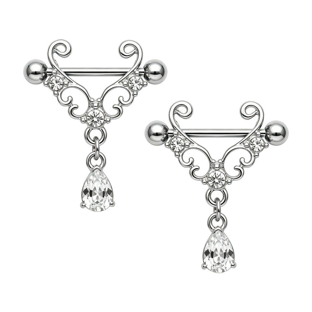One pair of silver gothic filigree nipple shields with dangling teardrop crystals, showcasing the set of two body piercing jewelry pieces.