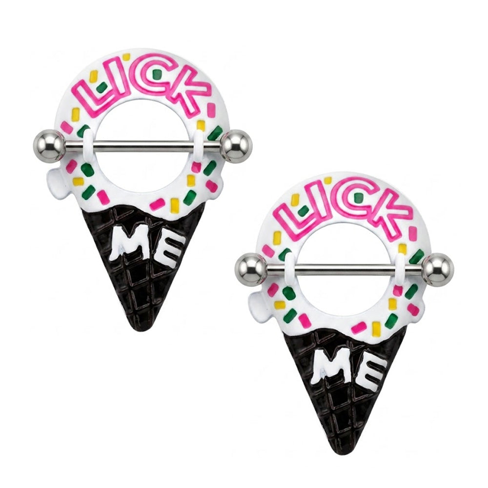 A pair of colorful ice cream cone nipple shields for alternative body piercing fashion.