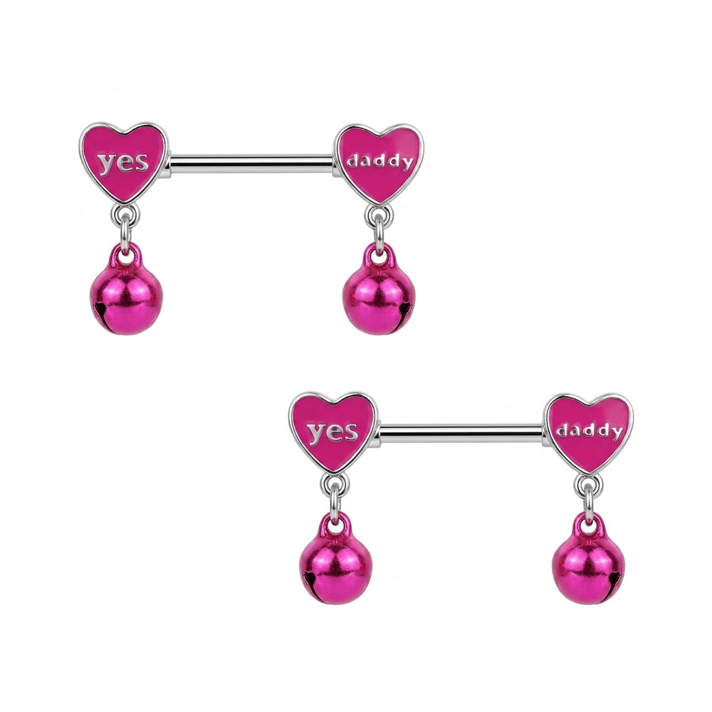 A pair of pink heart-shaped nipple barbells with small jingling bells for alternative body jewelry styling.