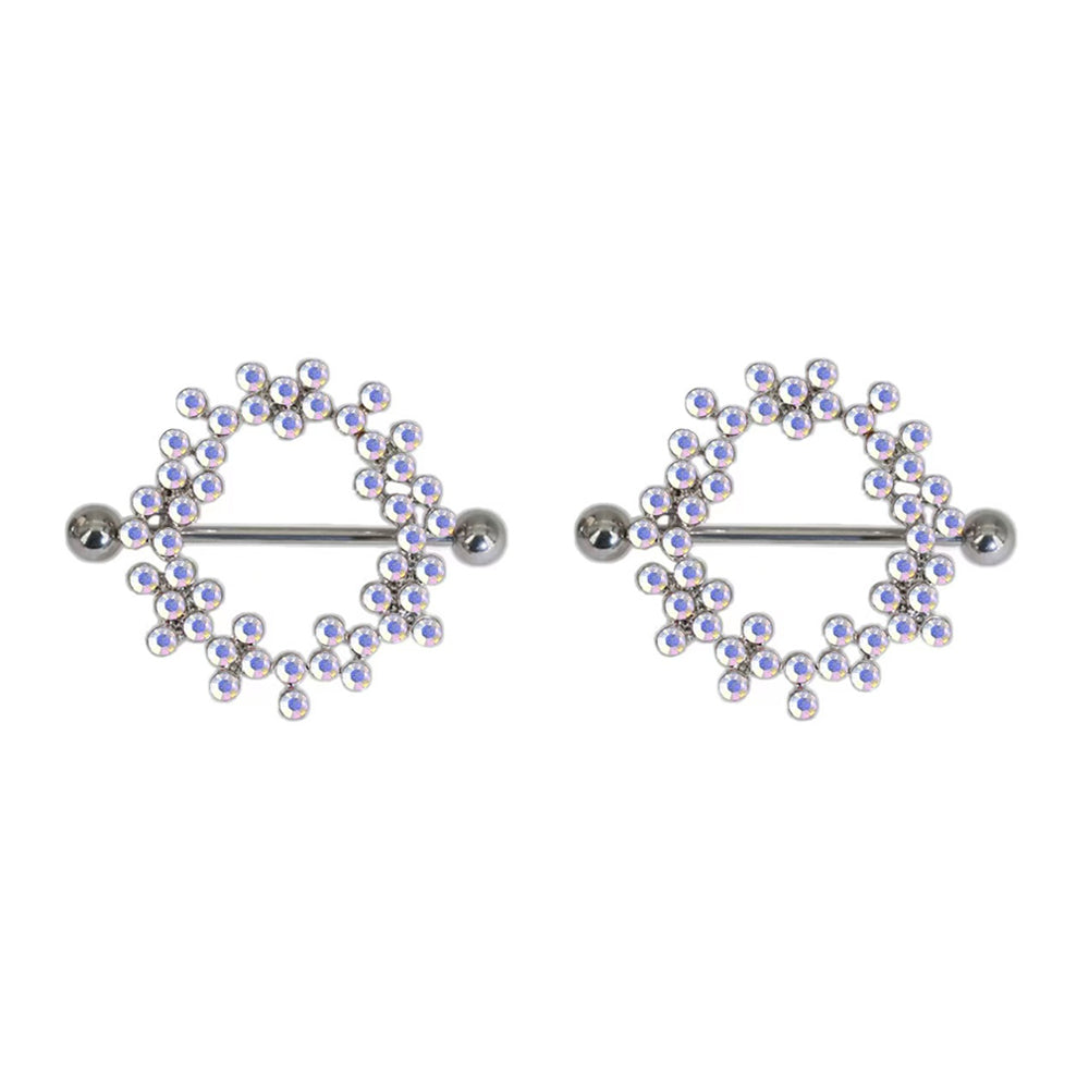 A matching pair pack of iridescent AB crystal nipple shield piercings in a fixed round floral shape.