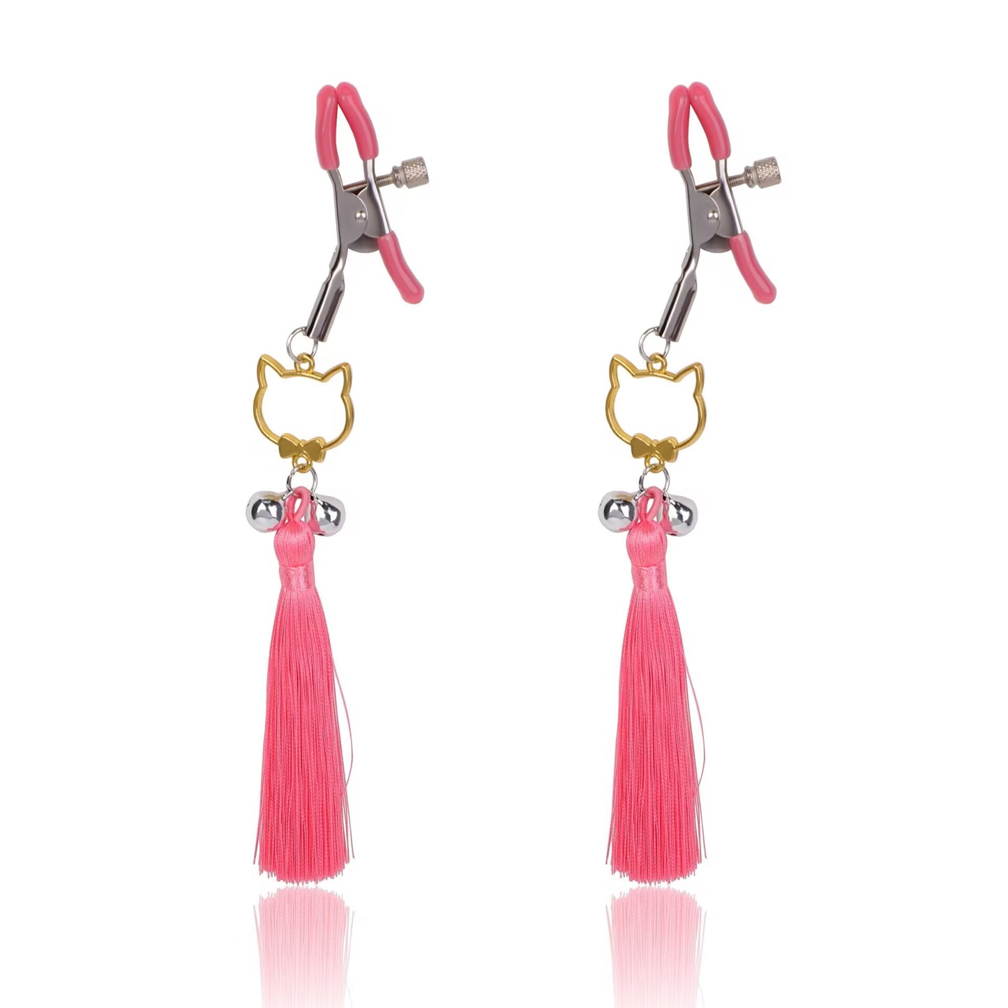 A pair of soft pink body clamps featuring adjustable screws and decorative cat charms