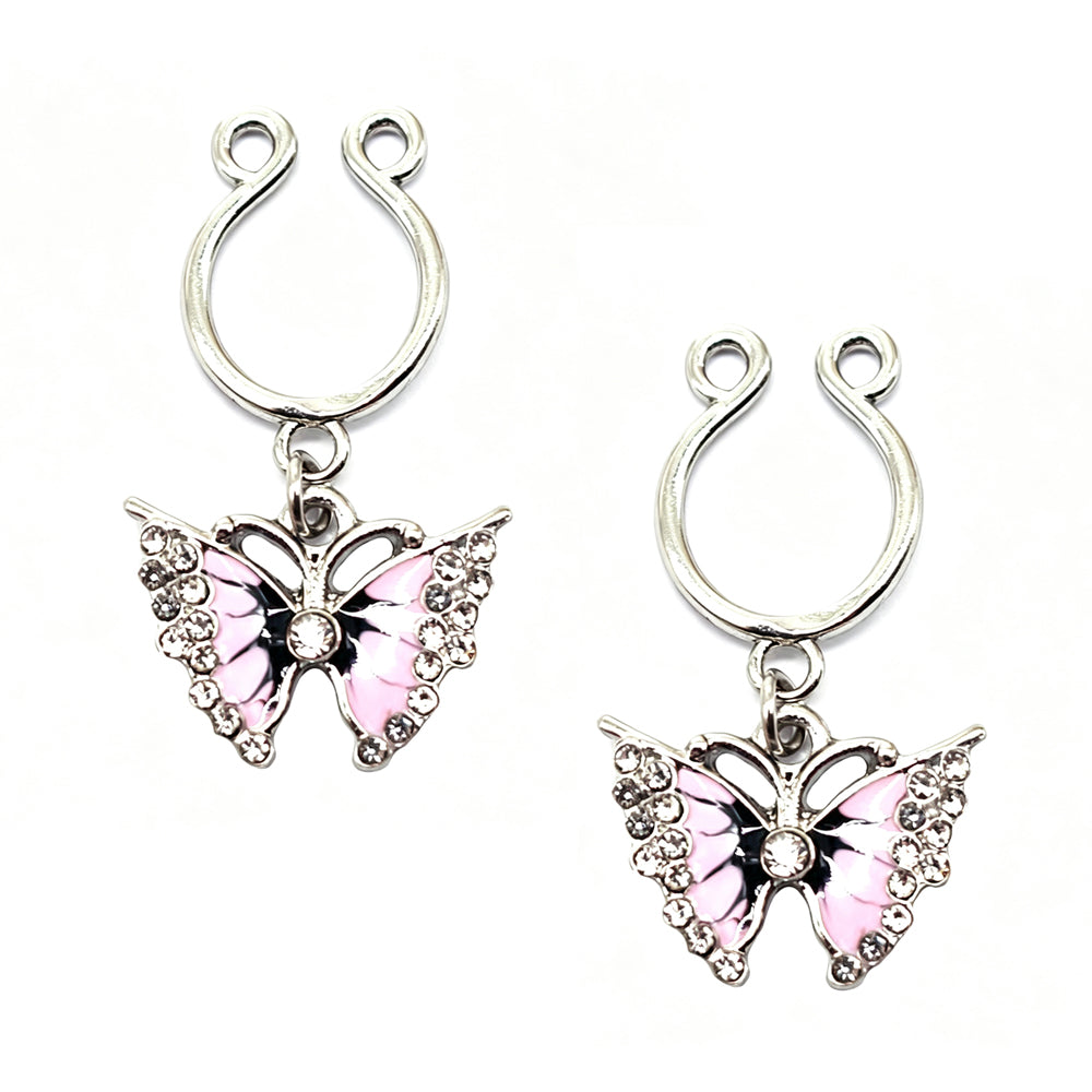 Pair of pink enamel butterfly non piercing clip on nipple rings set