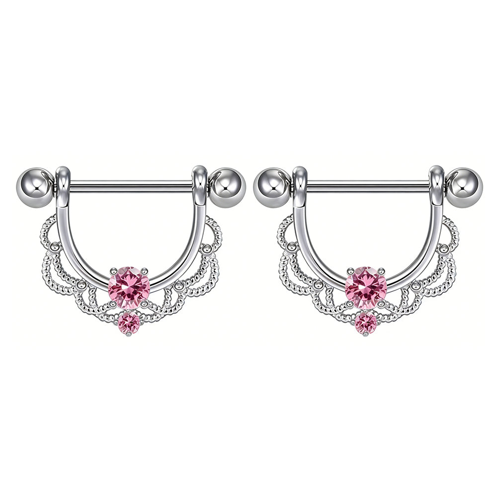 Set of two pink gemstone nipple piercing shields.