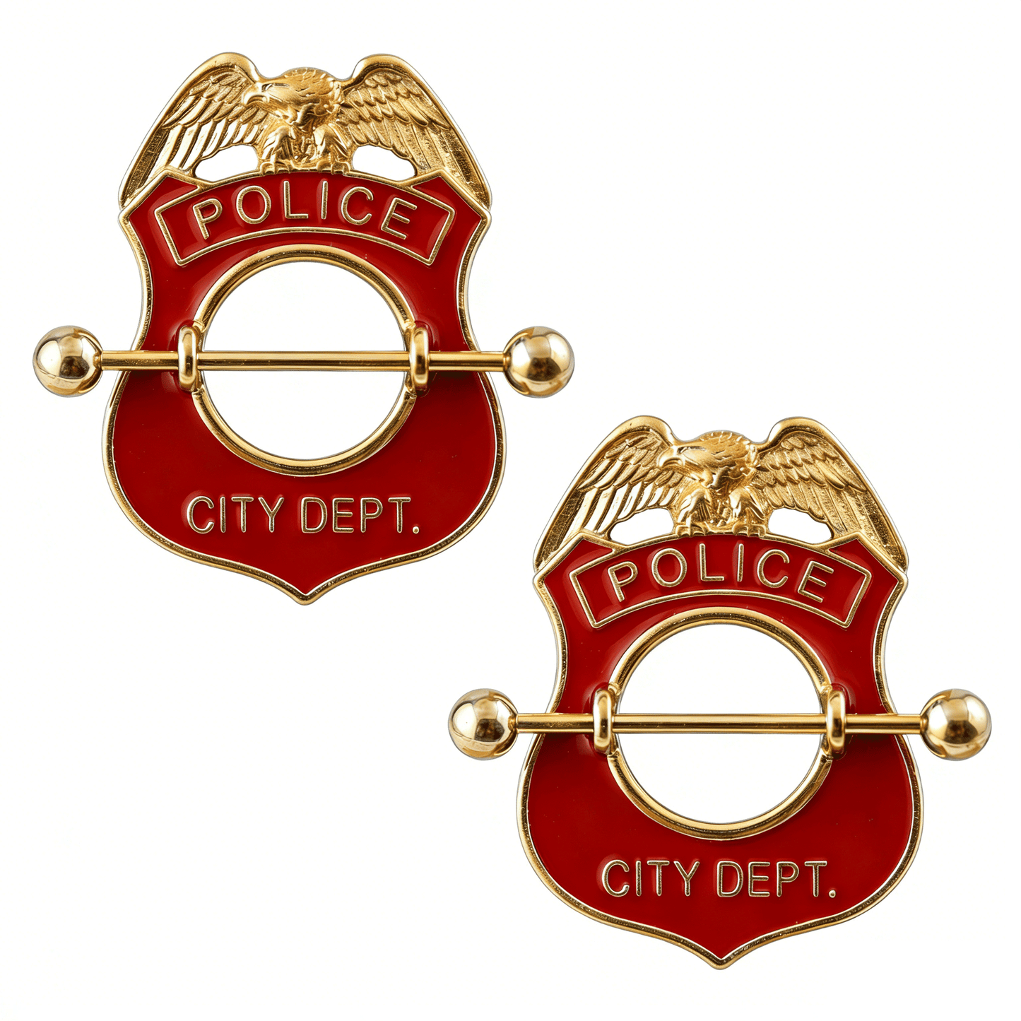 A matched pair of red enamel novelty police badge nipple rings displayed on a white background.