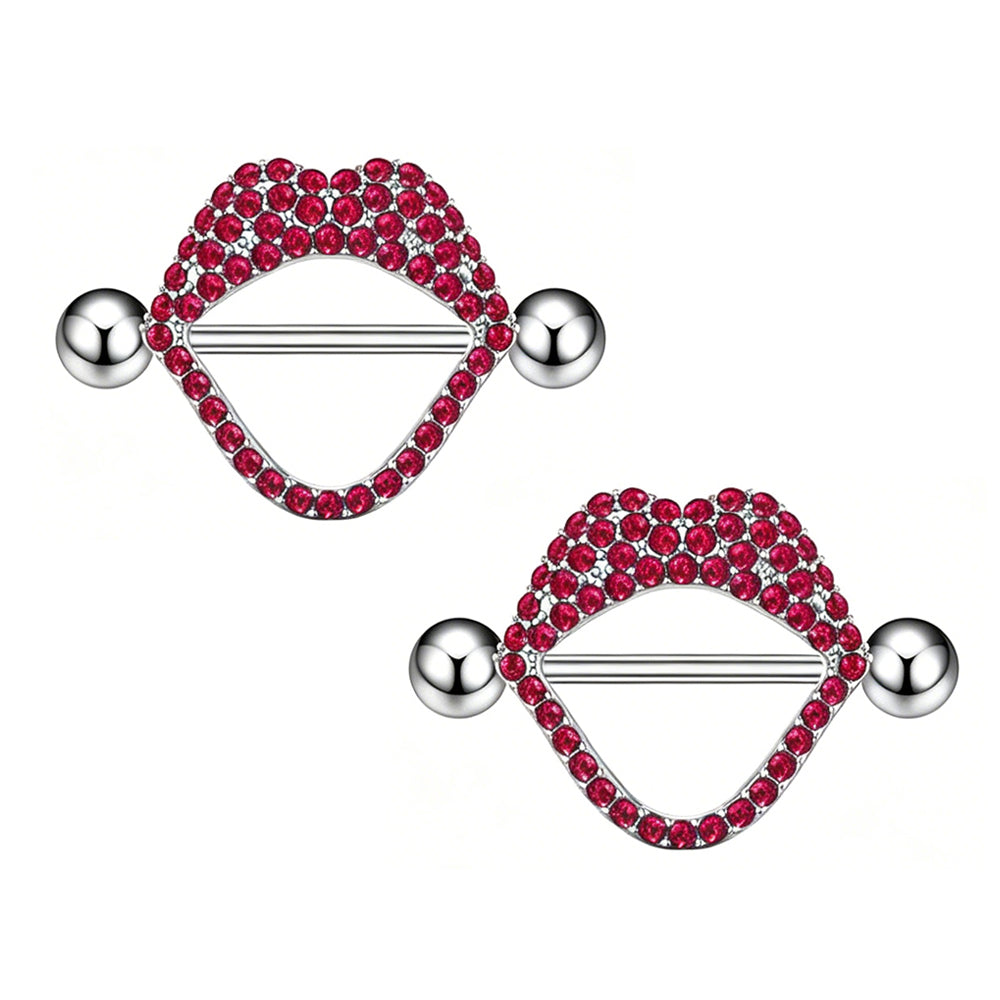 A matching pair of sparkling red lip-shaped nipple rings.