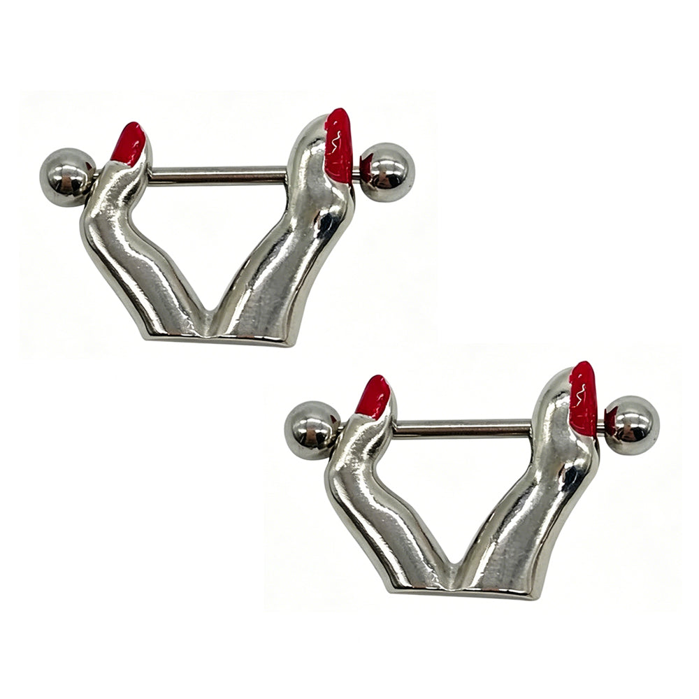 A pair of hand-shaped nipple shields with red manicure