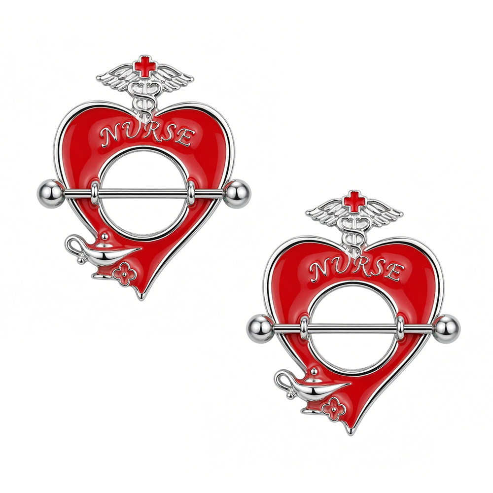 A pair of red heart-shaped nurse nipple shields with medical emblems.